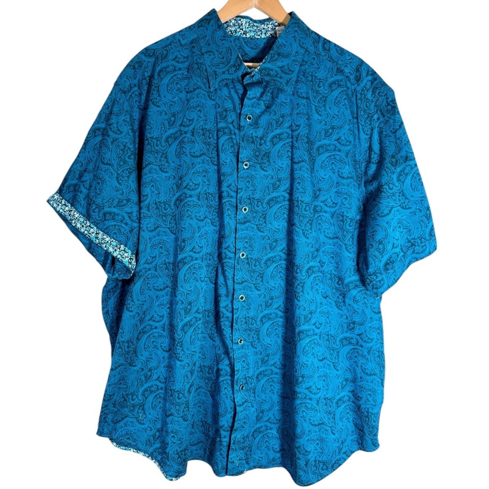 Robert‎ Graham Men's Short Sleeve Paisley Button Down Shirt Blue Size 3XL